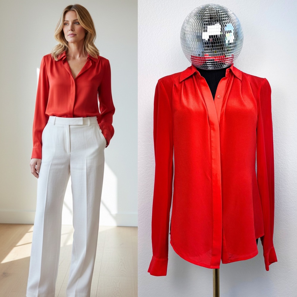 Trina Turk Silk‎ Long Sleeve Button Down Blouse, Size XS, Red Shirt